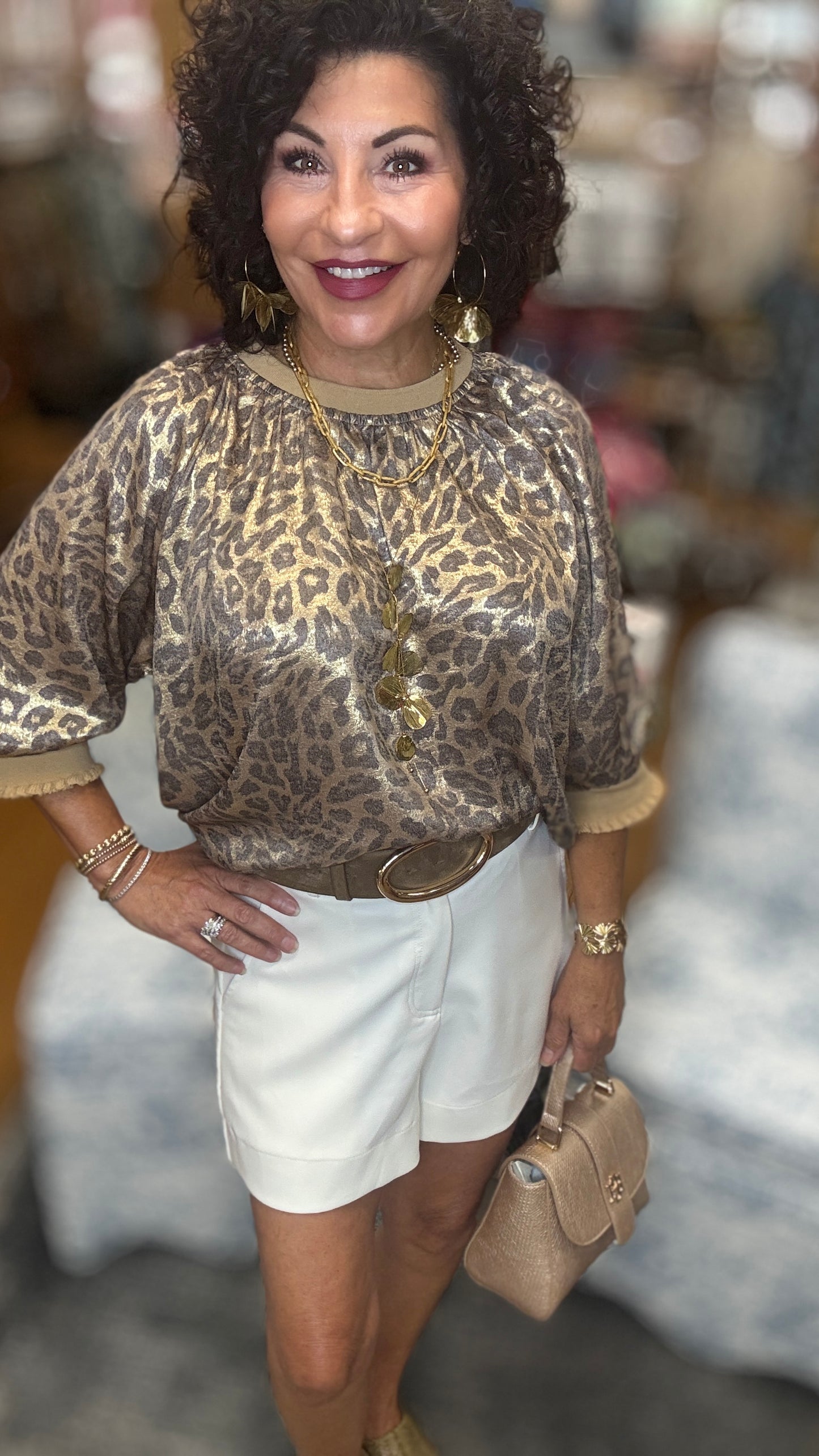 Raglan Puff Sleeve Metallic Animal Top