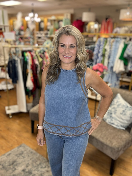 Embroidered Denim Sleeveless Top