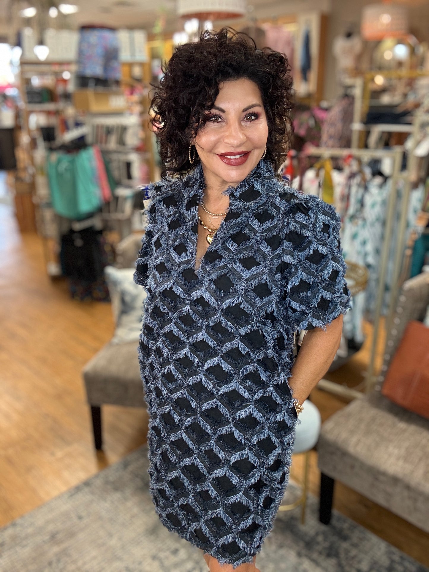 Short Sleeve Fringe Pattern Dress