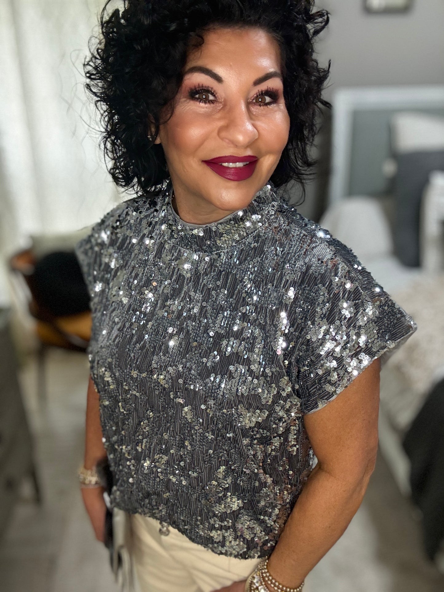 Short Sleeve Sequined Mock Neck Top