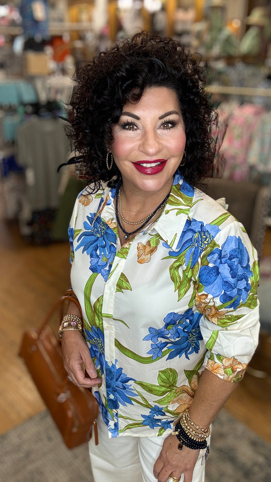 Floral Print Button Up Top w/3/4Sleeve