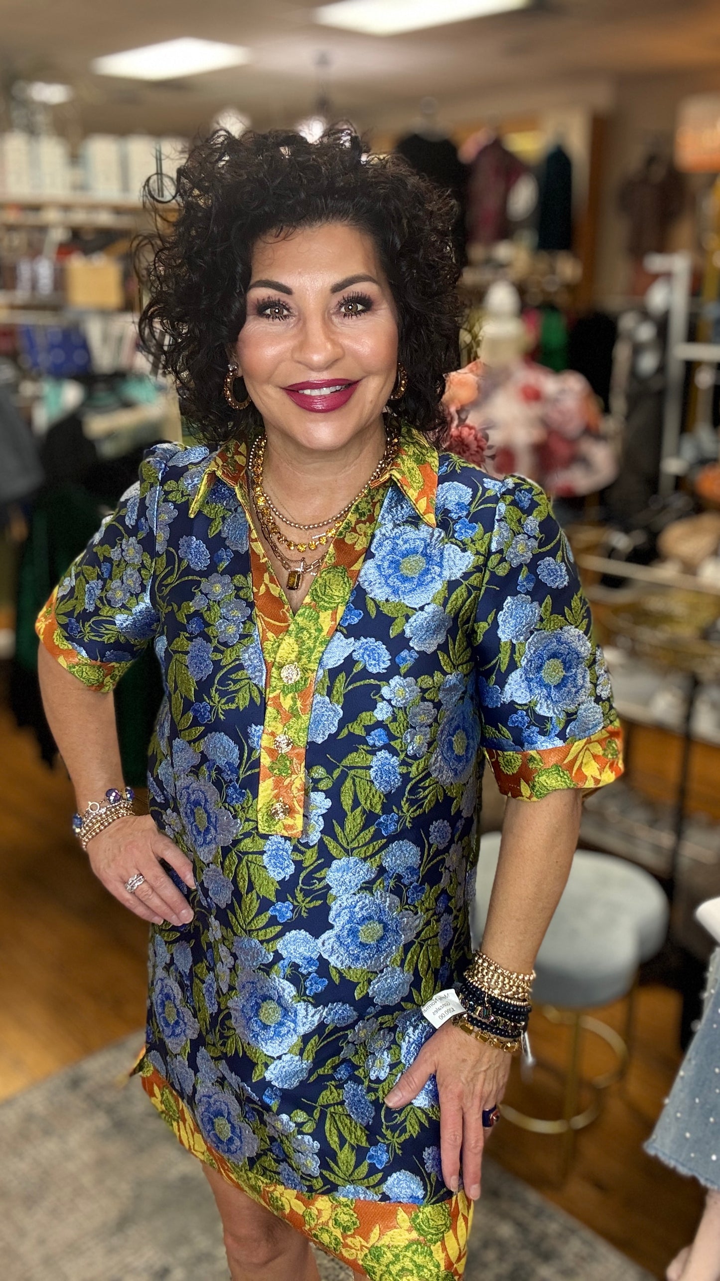 Collared V-Neck Half Button Jacquard Dress