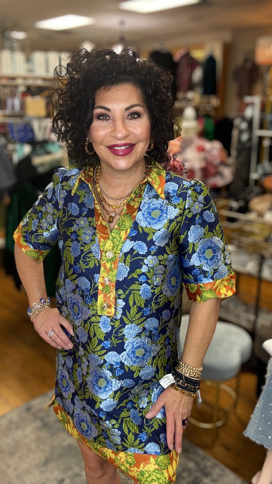 Collared V-Neck Half Button Jacquard Dress