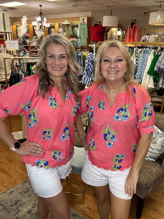 Bright Floral Print V-Neck Top