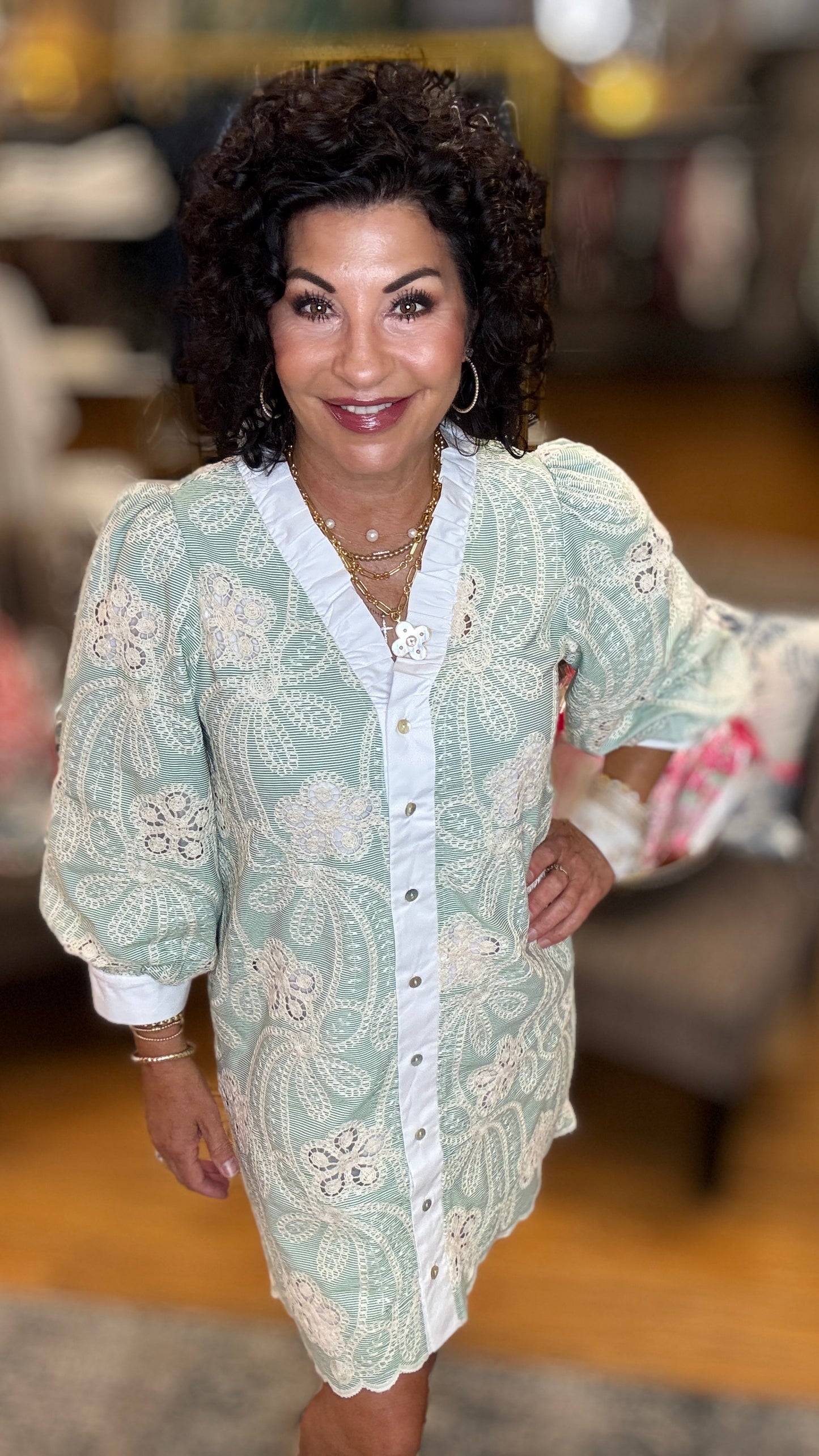 3/4 puff sleeves boho print dress with solid contrast detail, side slit hem.