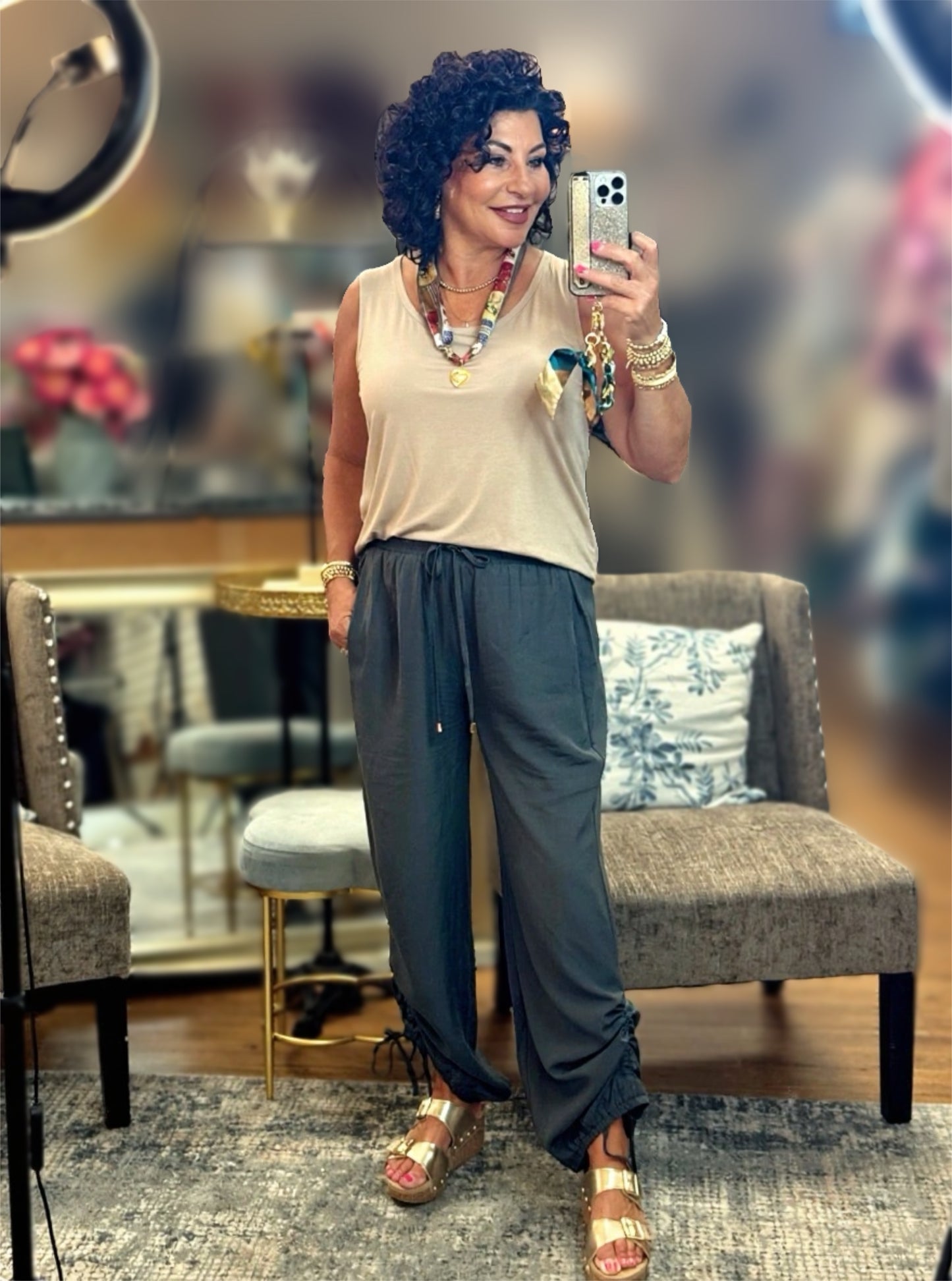 Drapey Twill Adjustable Scrunch Elastic Waist Pants