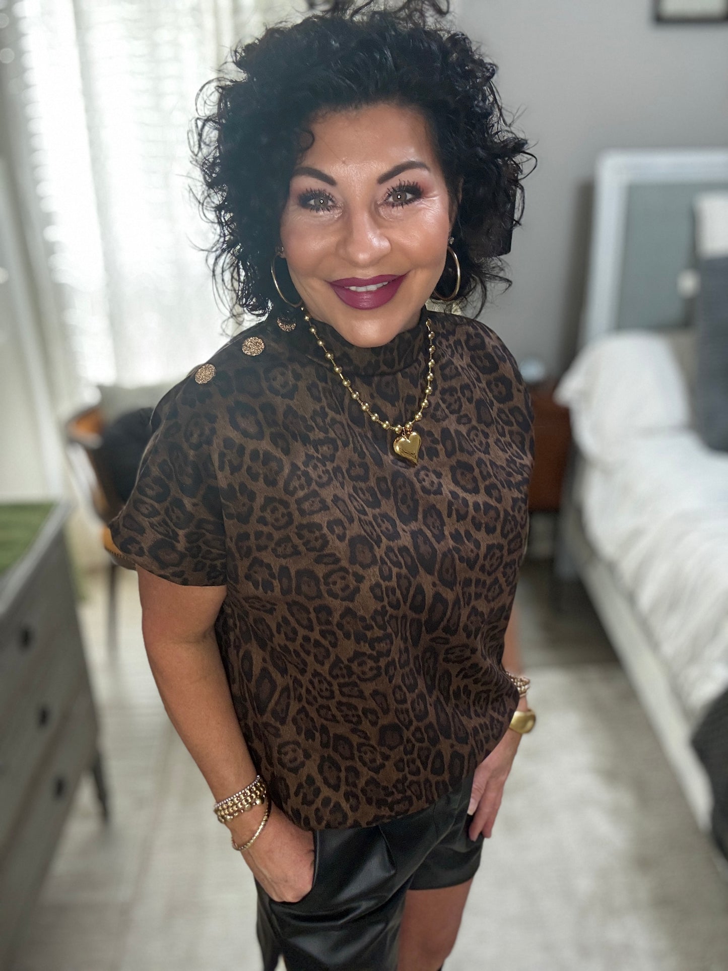 Short Sleeve Cheetah Print Top w/Gold Button Detail