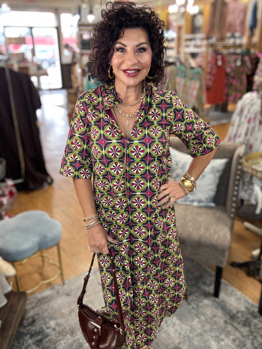 Geometric print short sleeve midi dress featuring button closure at front