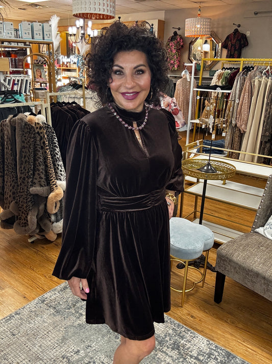 Mock Neck Shirring Waist Velvet Dress