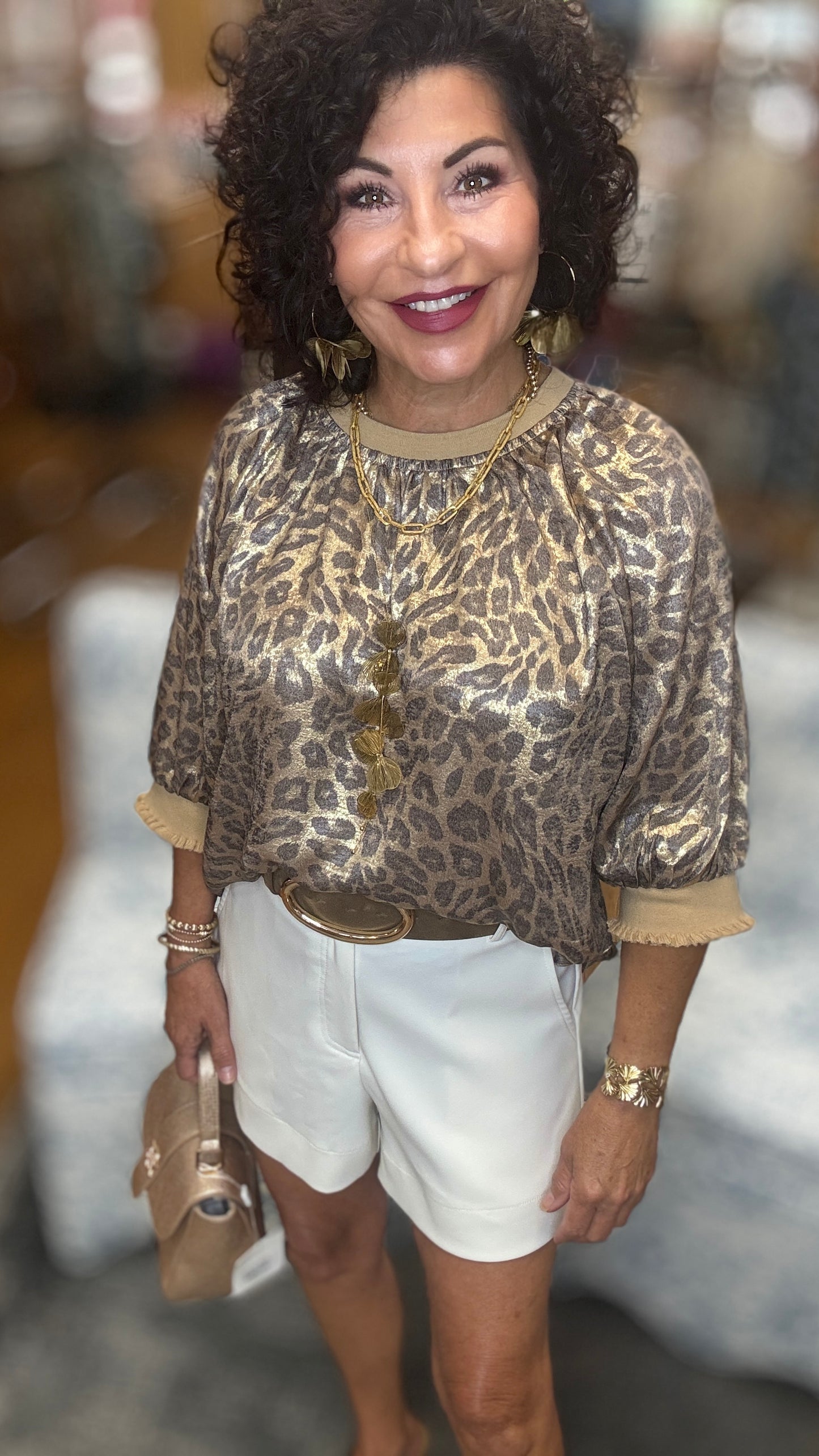 Raglan Puff Sleeve Metallic Animal Top