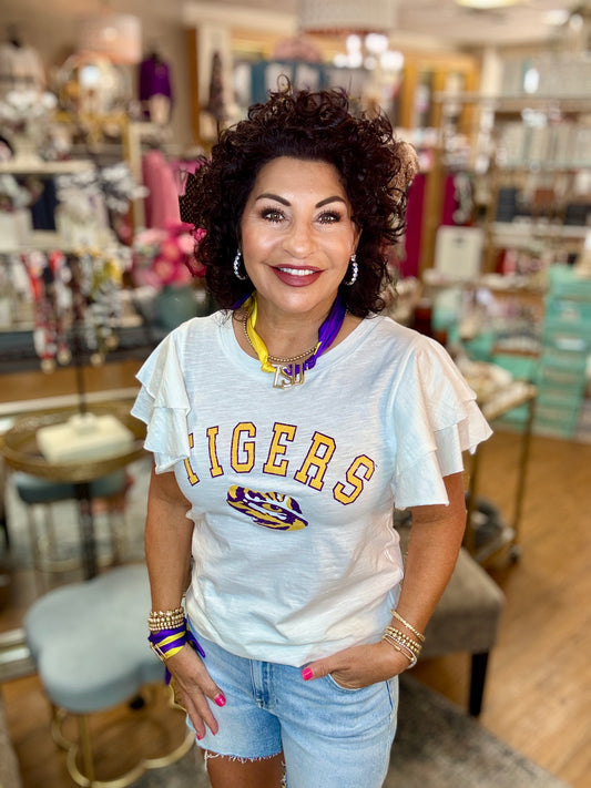 LSU TIGERS ALL IN TO WIN FLUTTER SLEEVE CREWNECK TOP