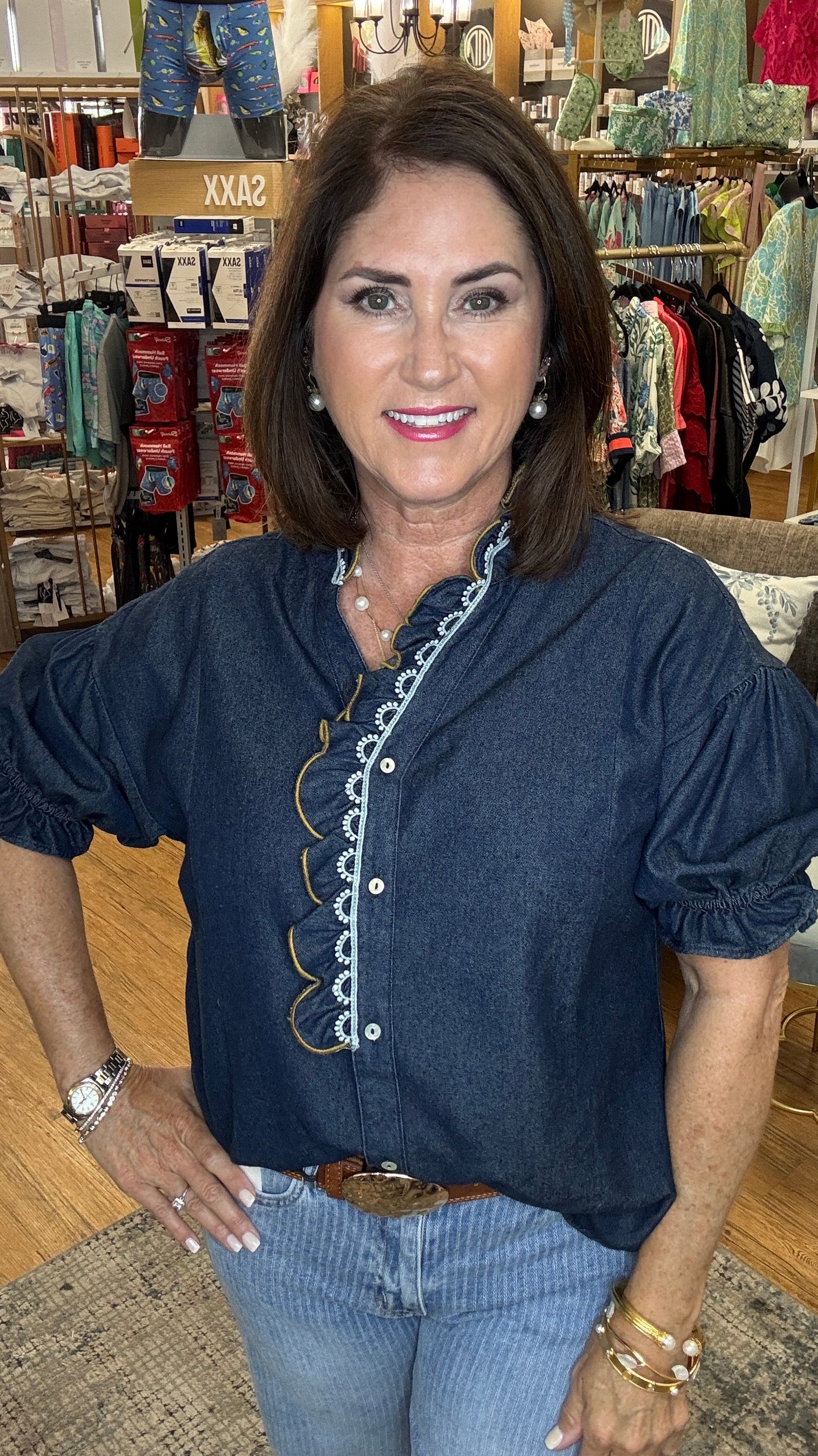 Frill Neck Button Down Chambray Shirt