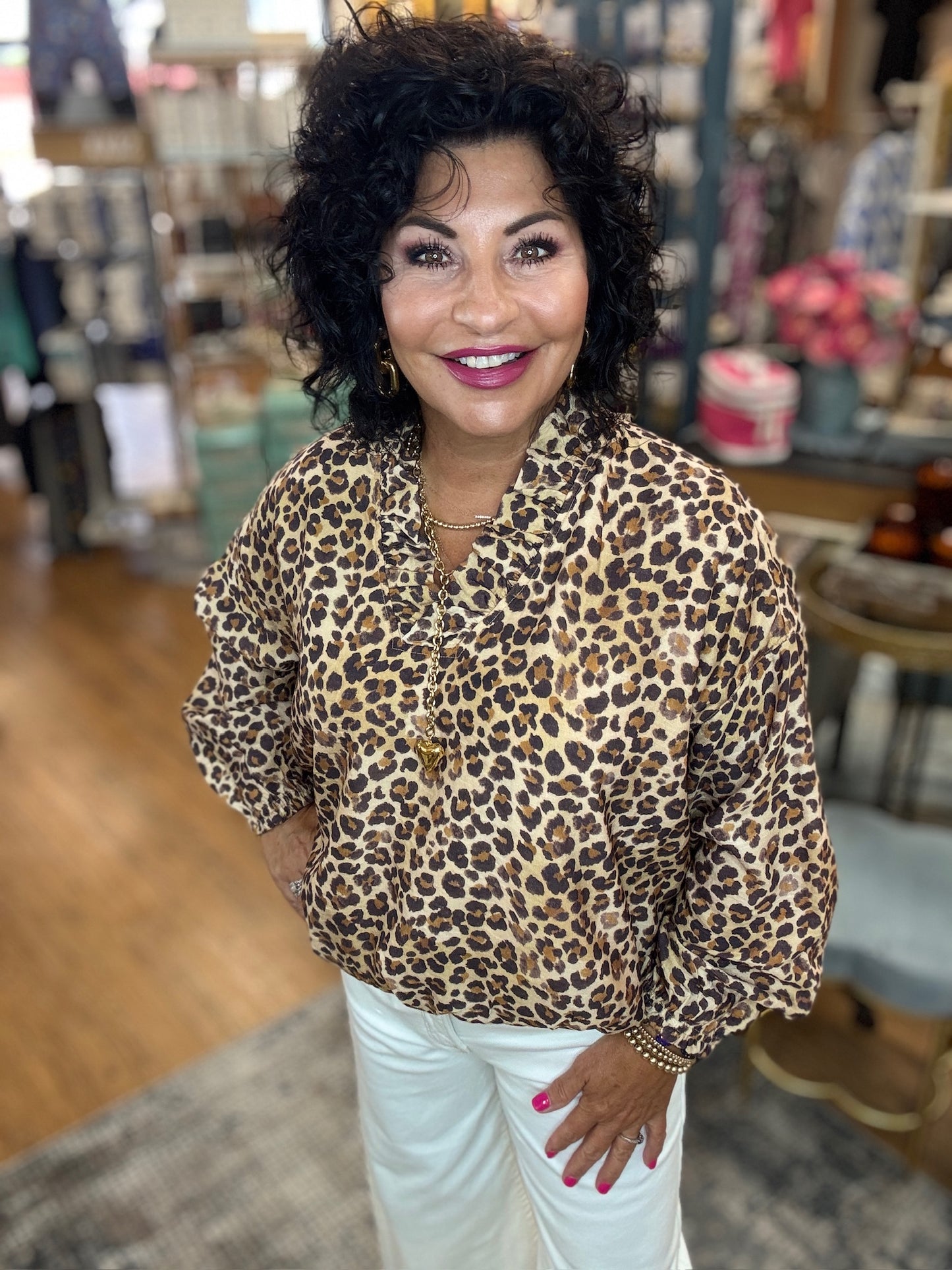 Leapord Gathered Waist Long Sleeve Top