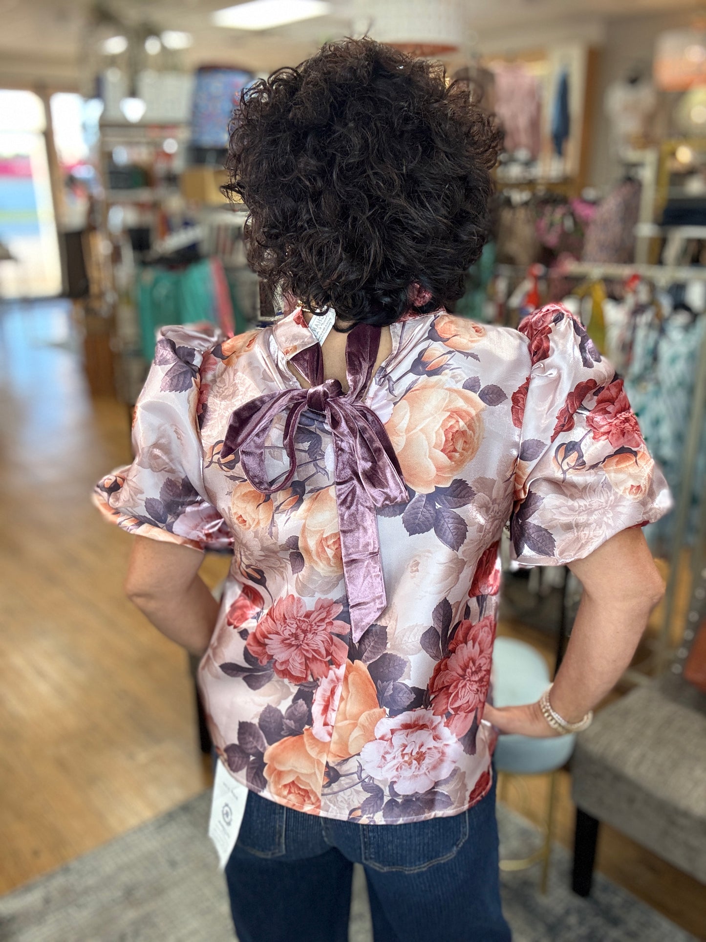 Puff Sleeve Velvet Bow Tie Back Top