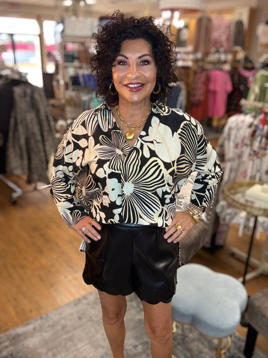 Flat Front Faux Leather Shorts w/ Scalloped edge