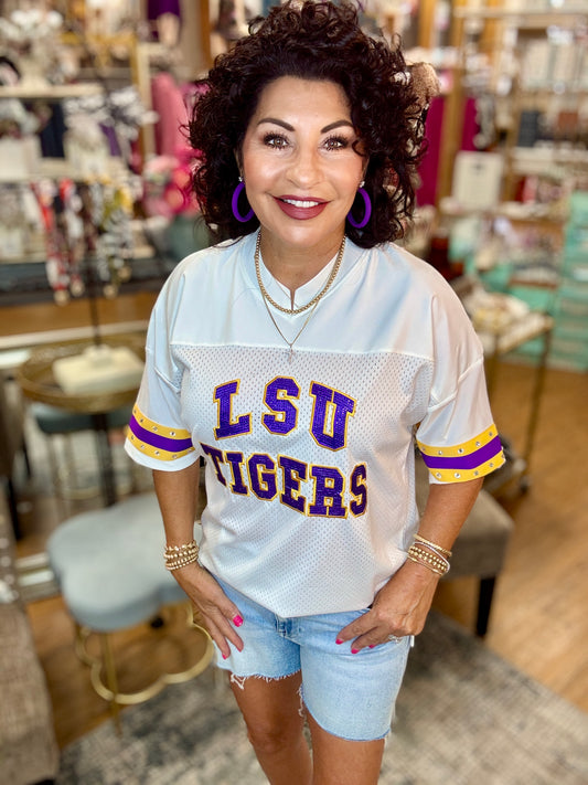 LSU TIGERS V-NECK RHINESTONE-STRIPED TRIM FASHION JERSEY Top