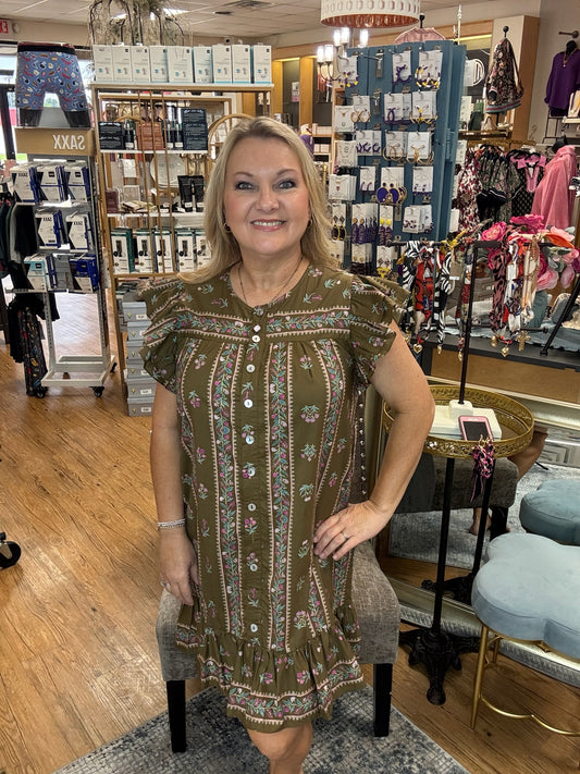 Floral Button Down Flutter Sleeve Dress