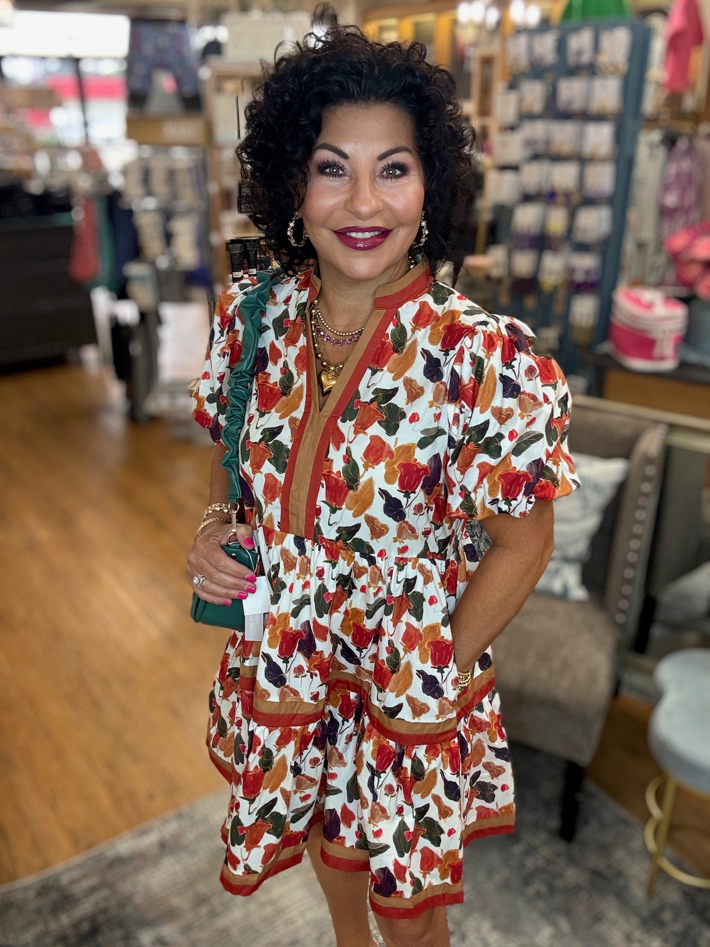 Multicolor floral print short bubble sleeve pullover tiered mini dress