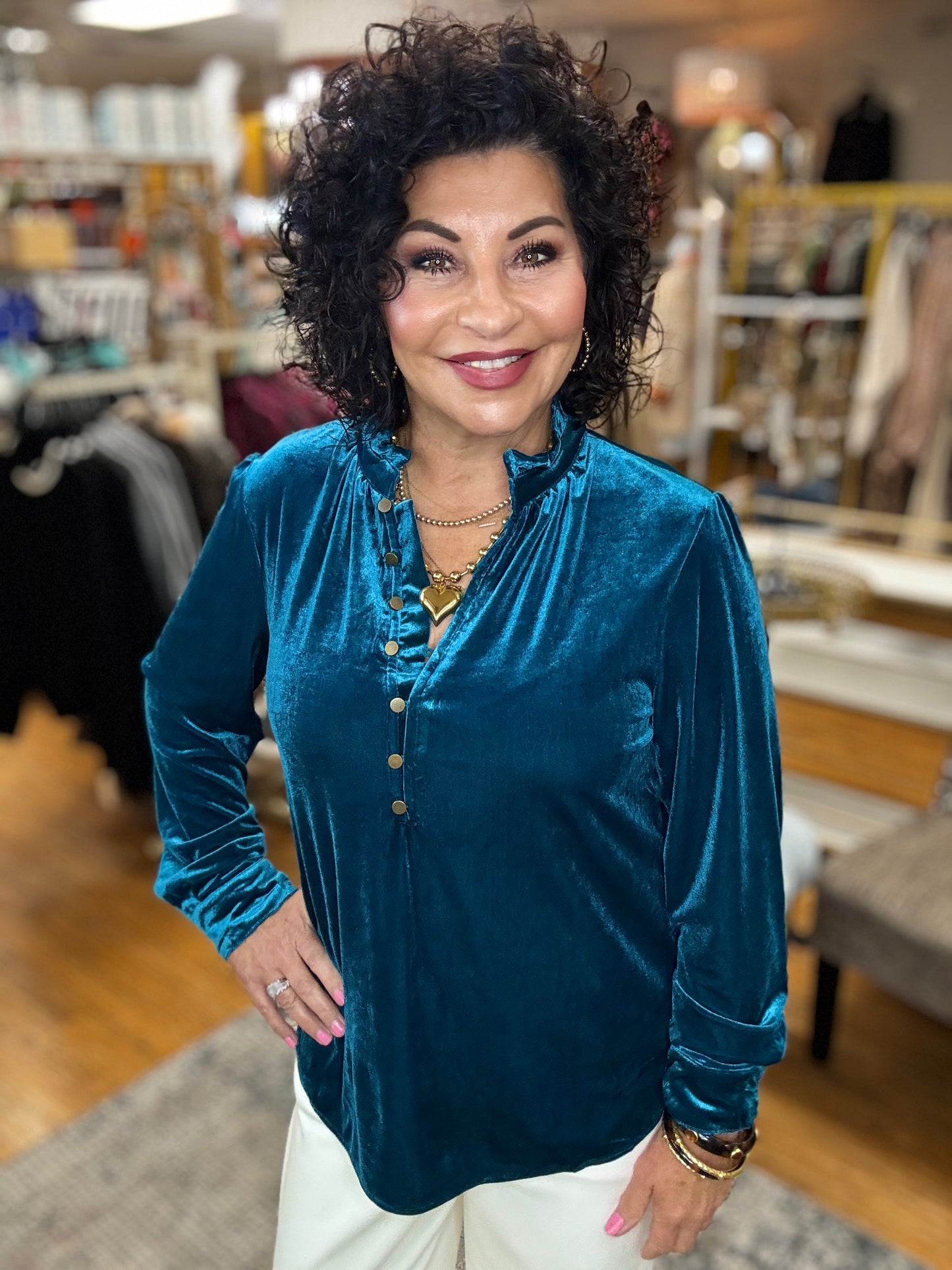 Ruffle Collard Button Front Velvet Top