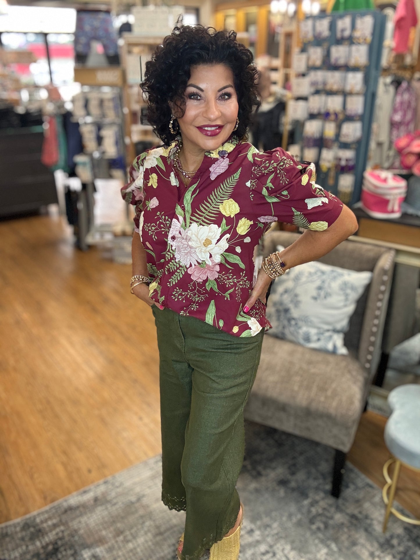 High waist ankle length pants featuring floral embroidered border hem