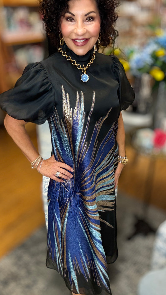 Short puff sleeves metallic organza midi dress