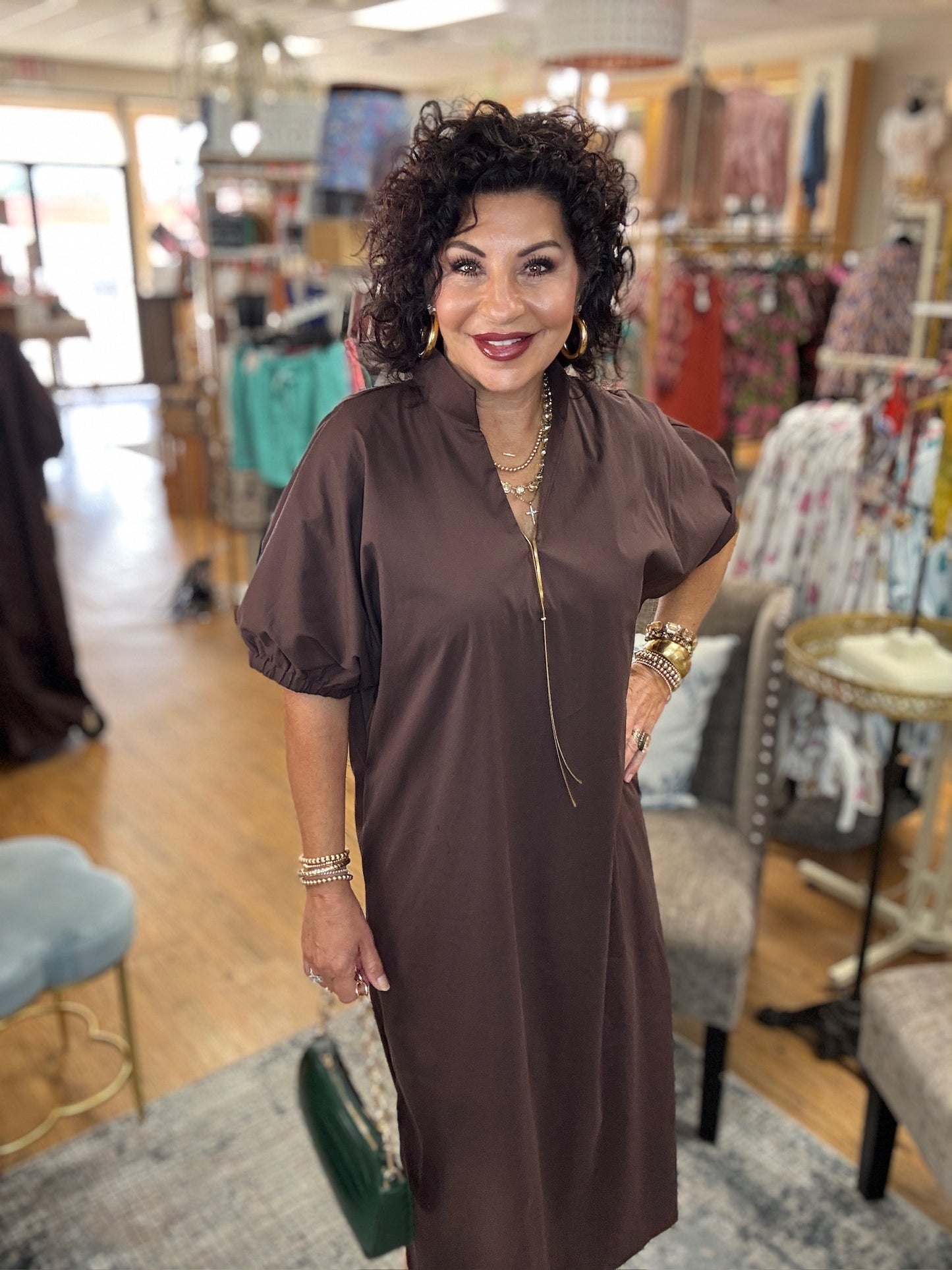 Solid short puff sleeve midi dress featuring band collar with V-neckline