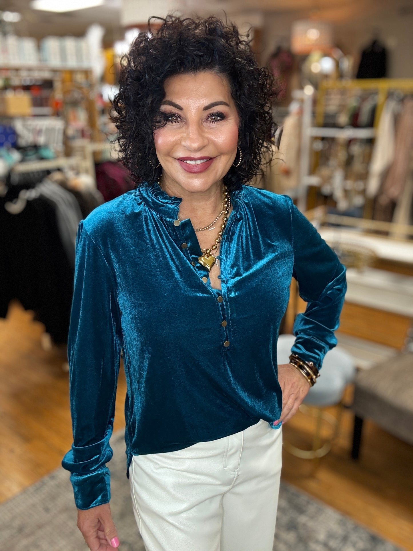 Ruffle Collard Button Front Velvet Top