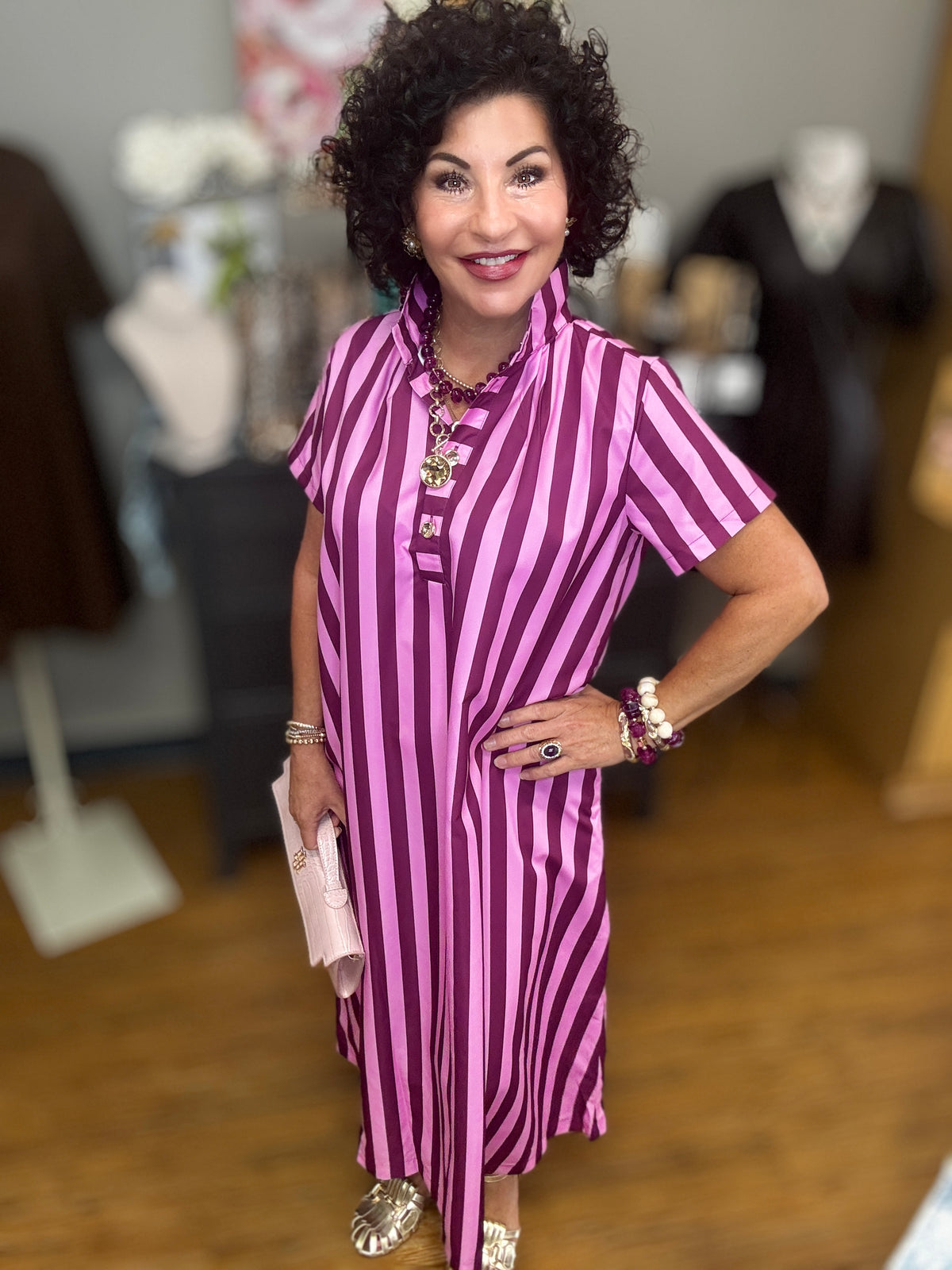 Stand High Neck Stripe Midi Dress