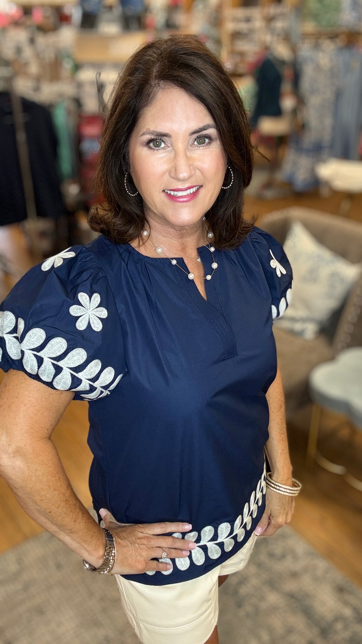 Short Puff Sleeve V-Neck Top with Embroidery