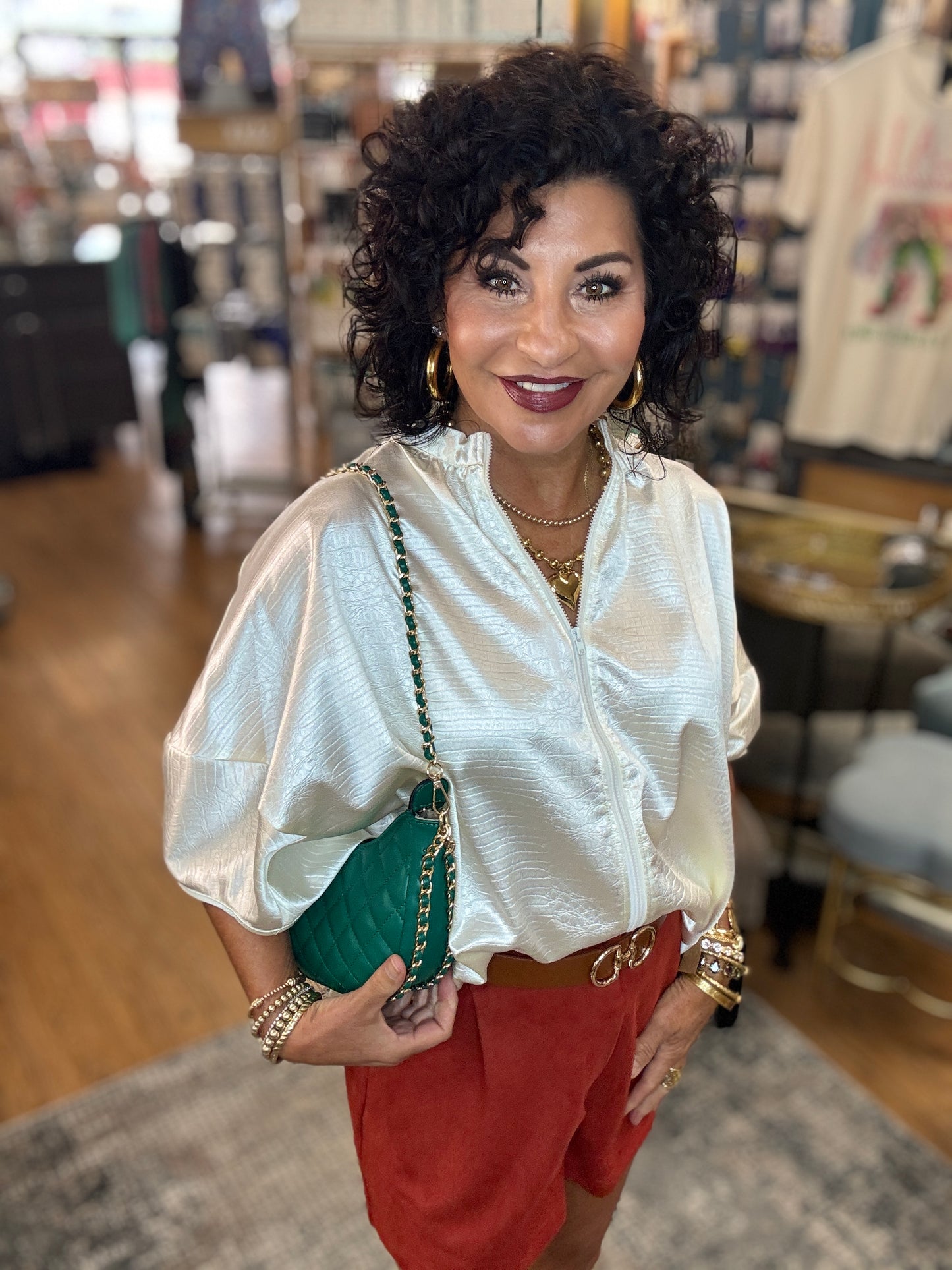 Front Zipper Textured Satin Top