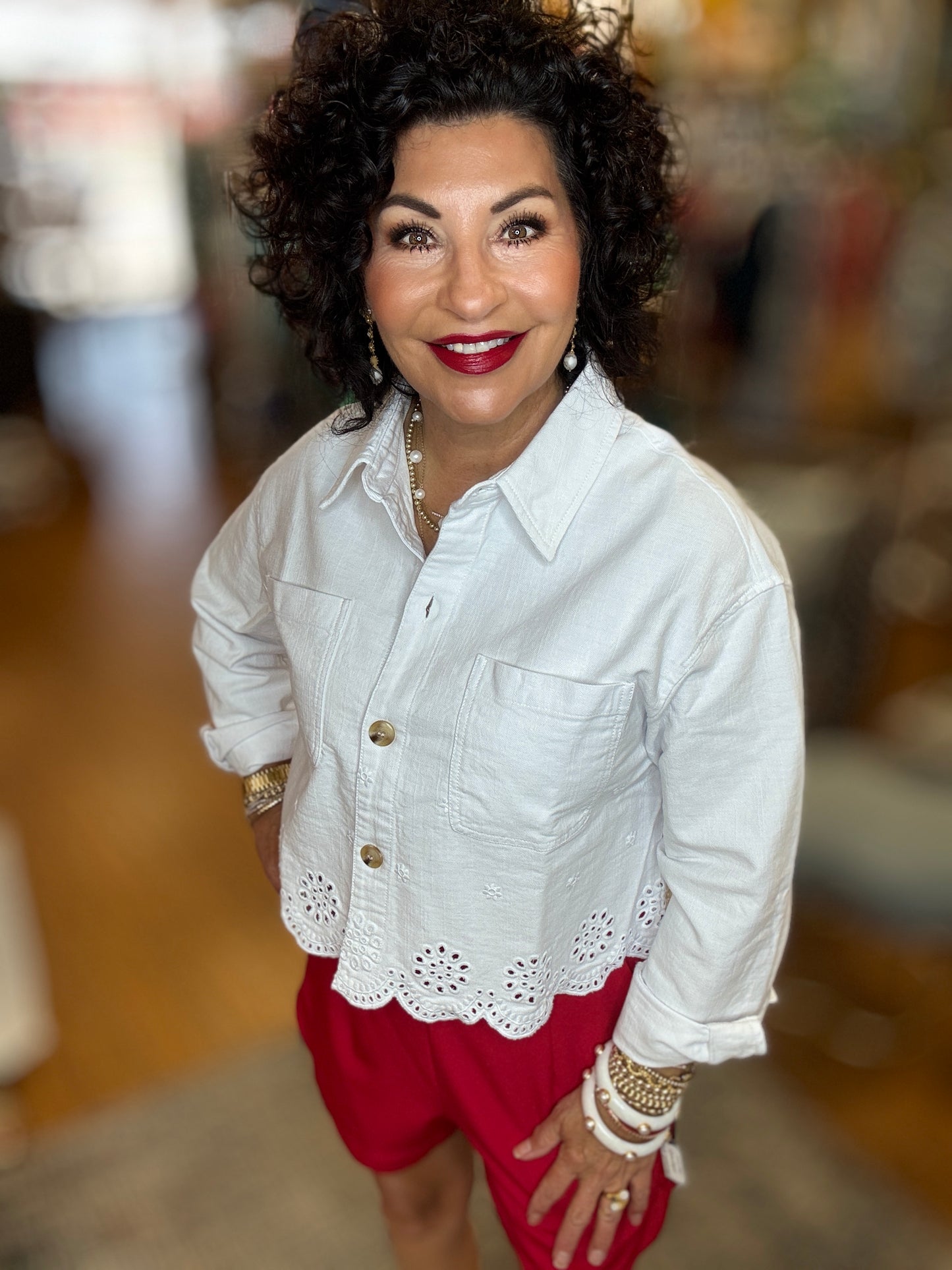 Button Down Eyelet Hem Jacket