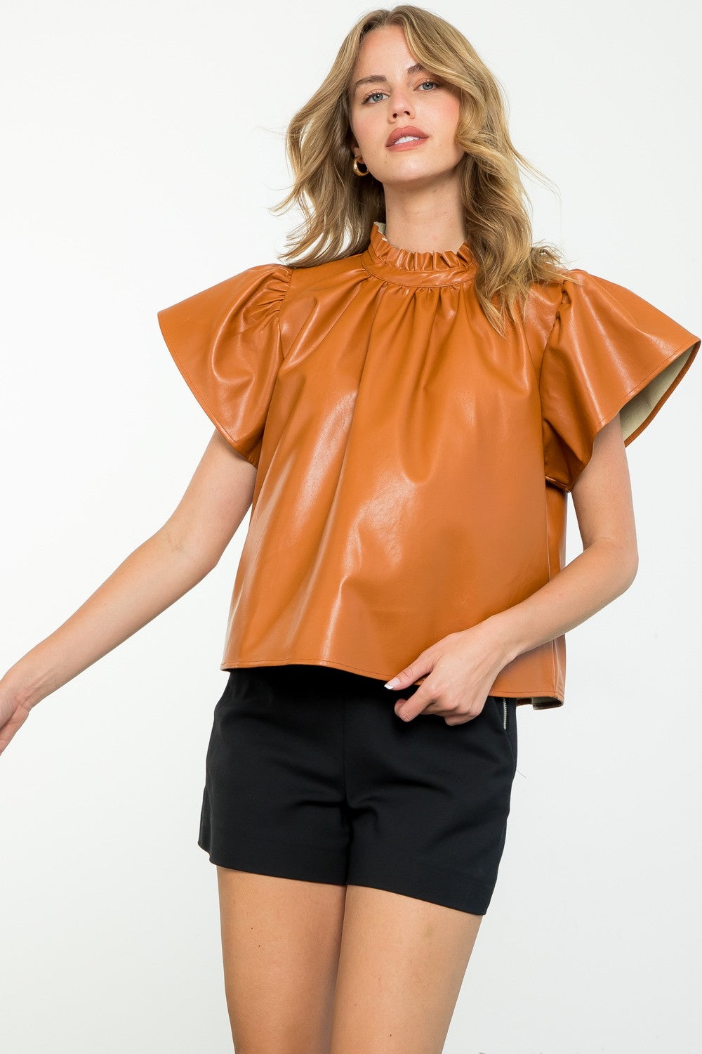 Flutter Sleeve Leather Top w/Back Gather