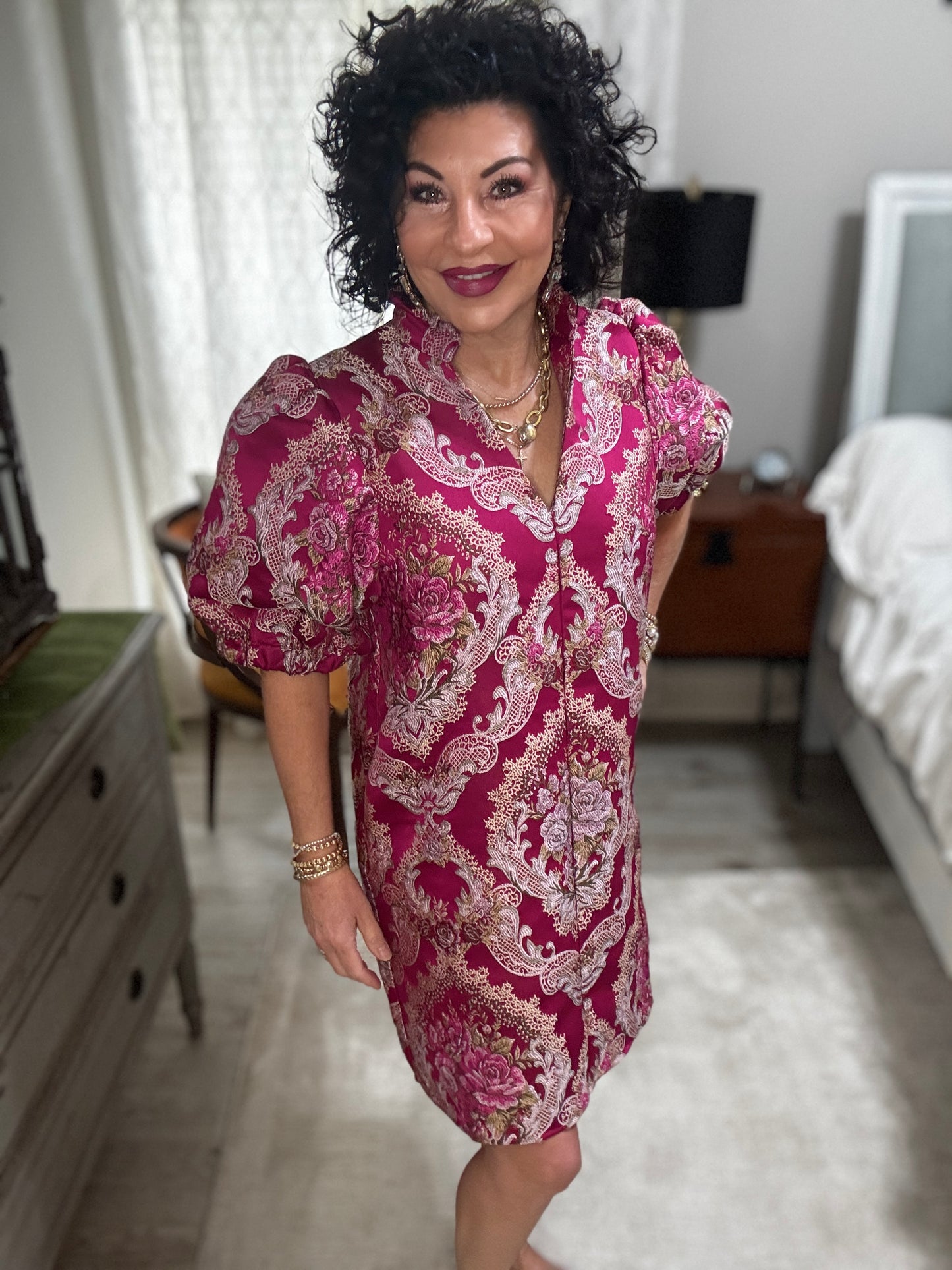 Puff Sleeve Floral Embroidery Detail Dress