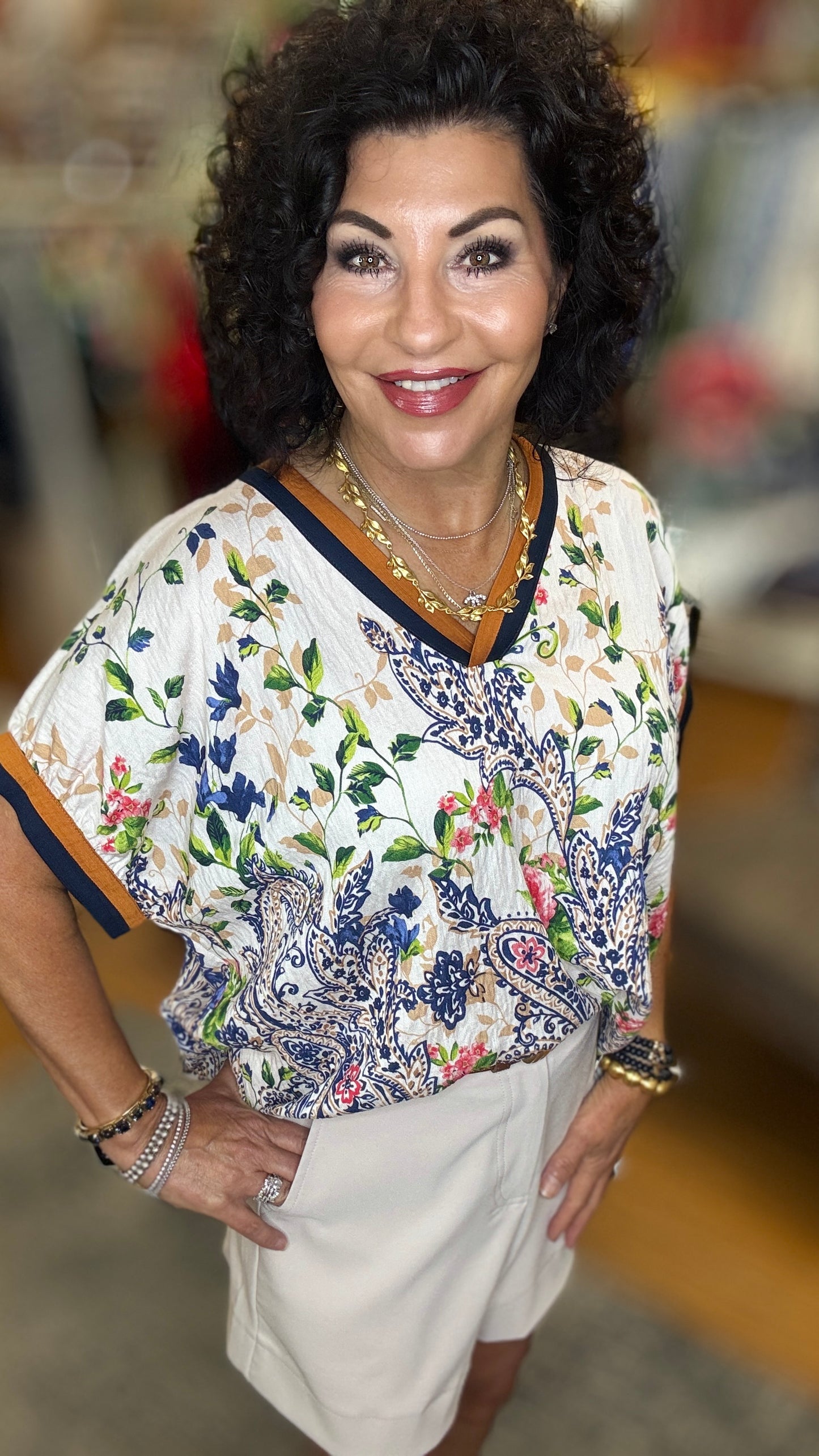 Floral Print Top w/Contrast Trim