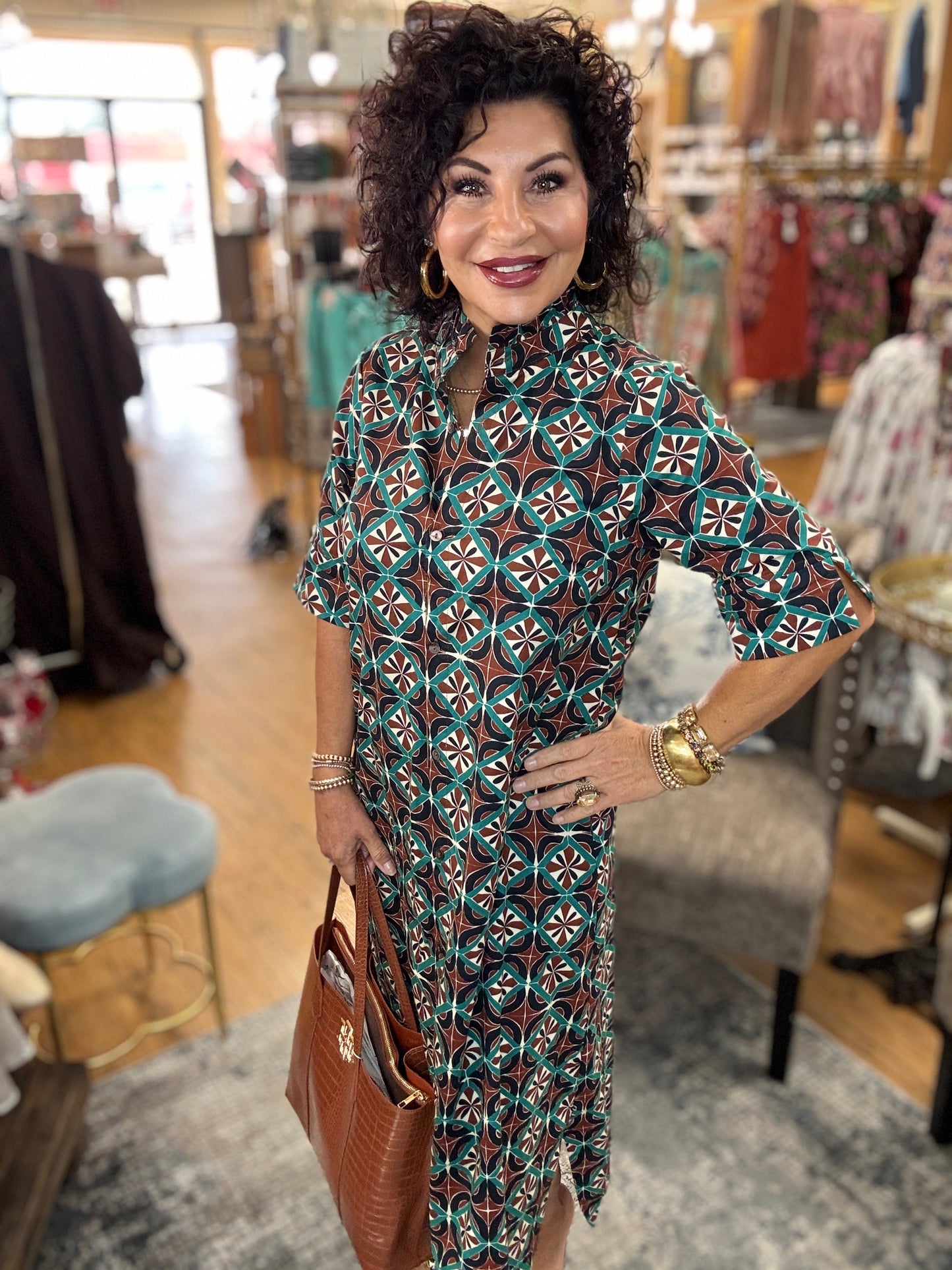 Geometric print short sleeve midi dress featuring button closure at front