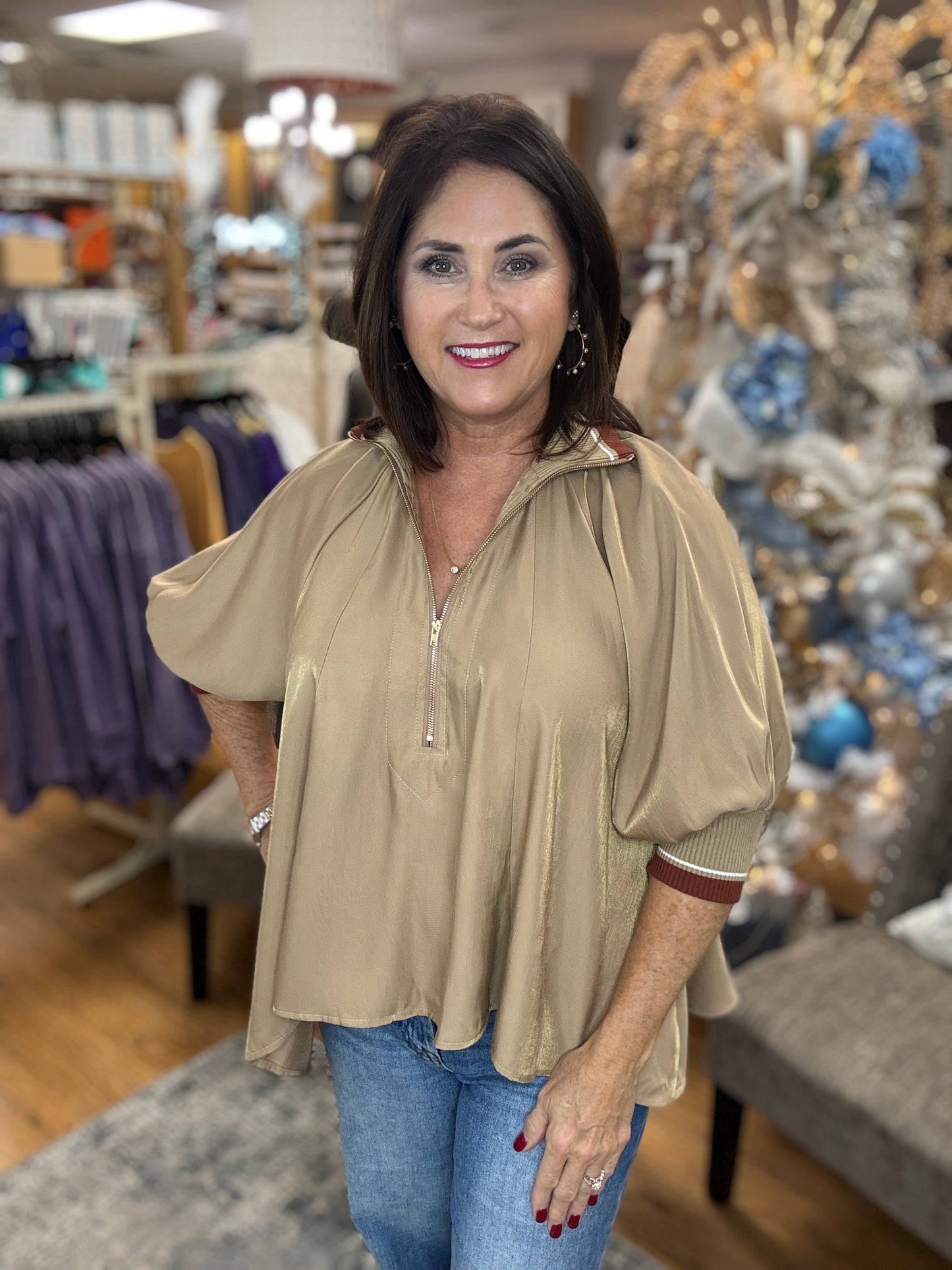 Mock Neck Banded Puff Sleeve Top