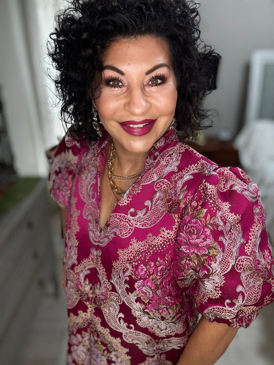 Puff Sleeve Floral Embroidery Detail Dress