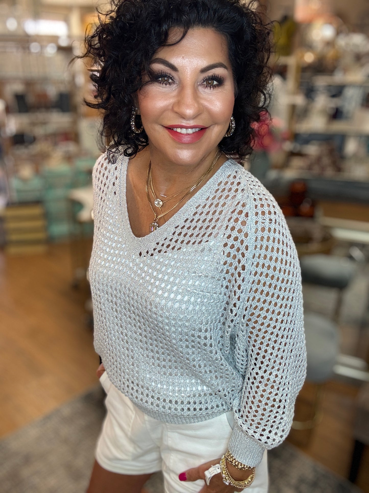 Open Weave Long Sleeve Foil Neck Top