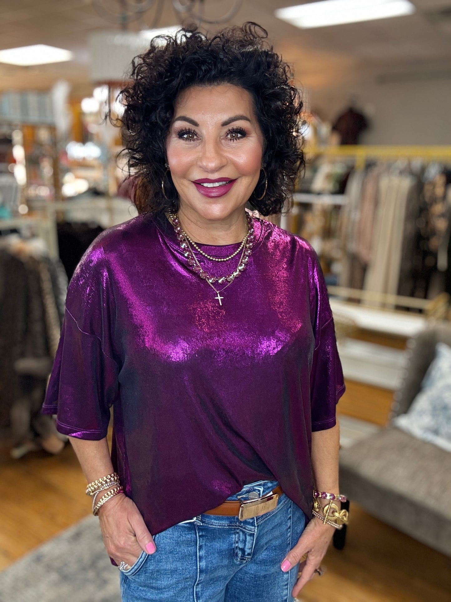 Crew Neck Metallic Foil Mardi Gras Knit Top