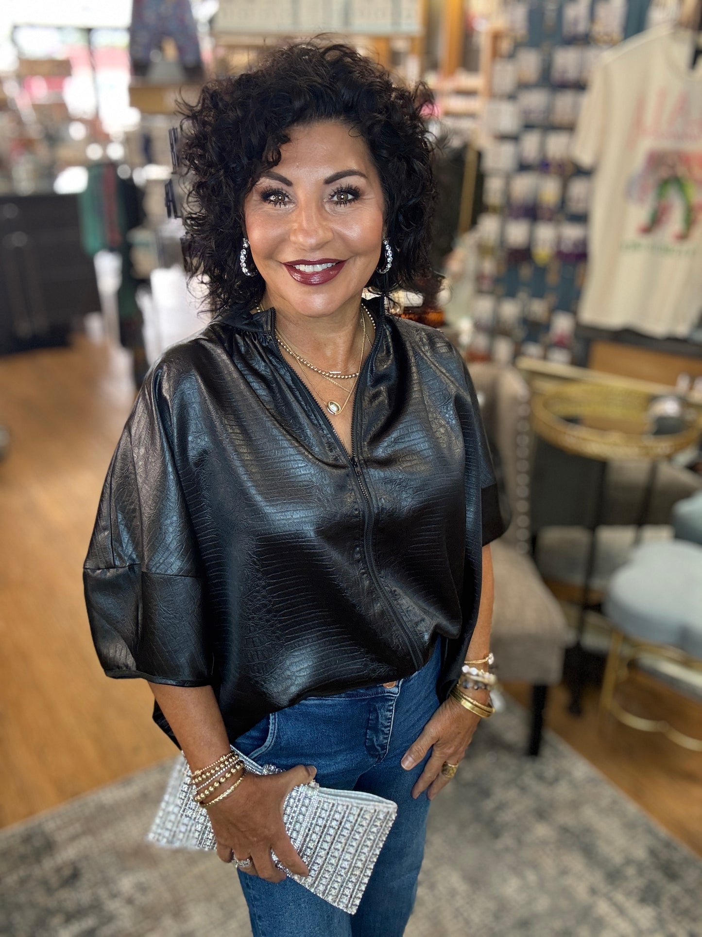 Front Zipper Textured Satin Top