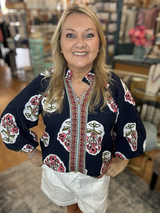 Smocked Stand up Collar Puff Sleeve Top