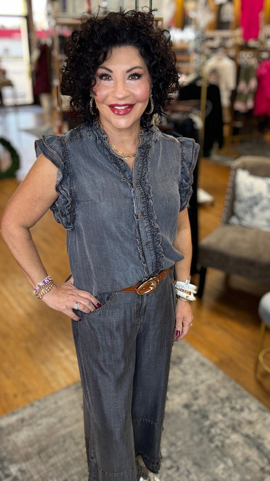 Ruffle Hem Washed Chambray Pants