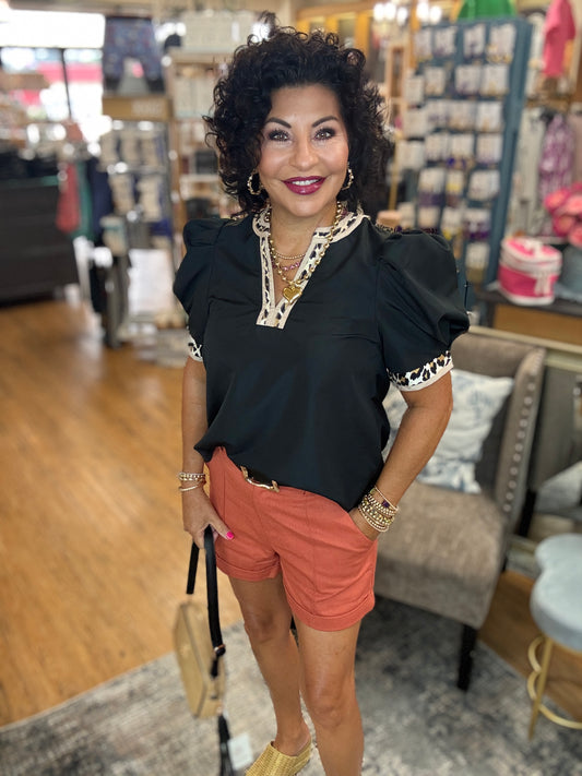Solid pleated short voluminous sleeve pullover top