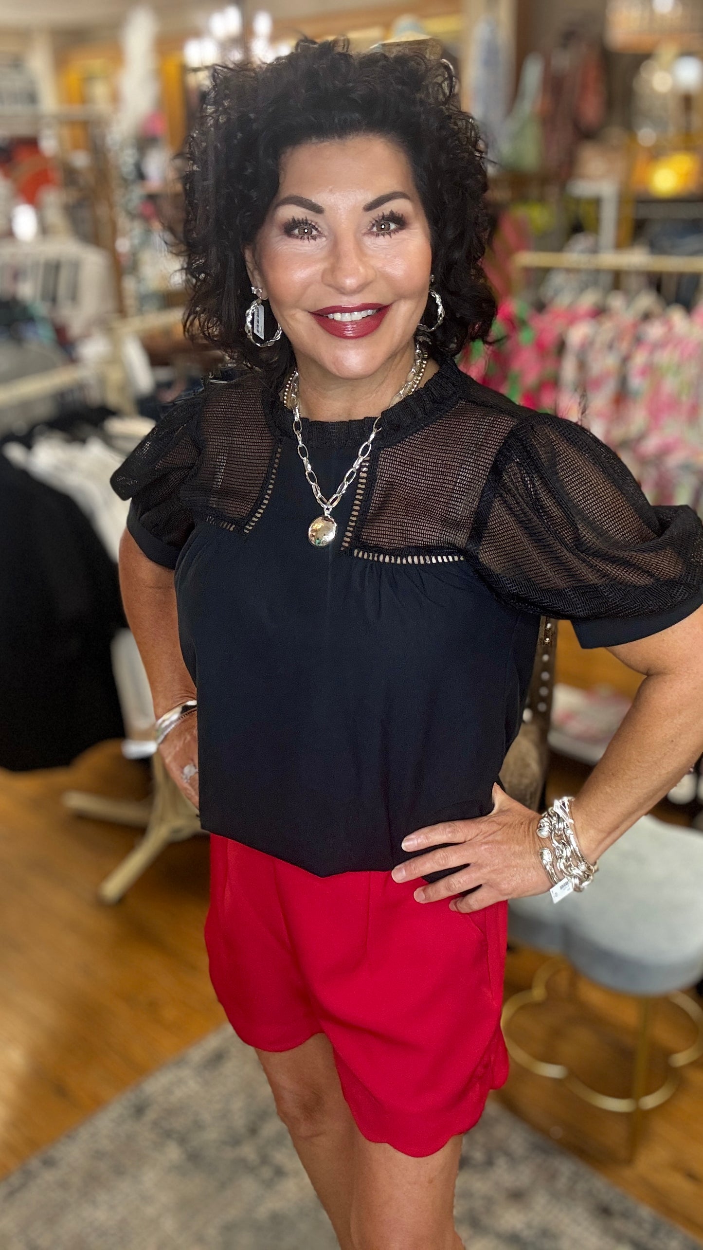 Puff Sleeve Top w/mesh Detail