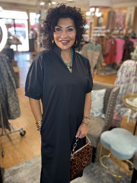 Solid short puff sleeve midi dress featuring band collar with V-neckline