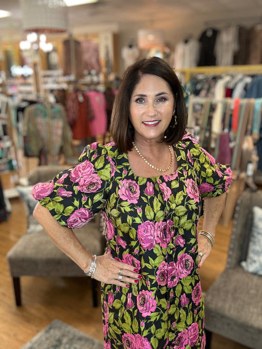 Floral print short puff sleeve mini dress featuring square neckline and button
