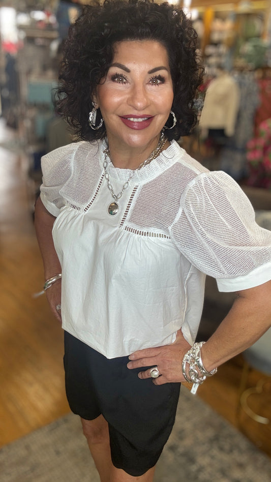 Puff Sleeve Top w/mesh Detail