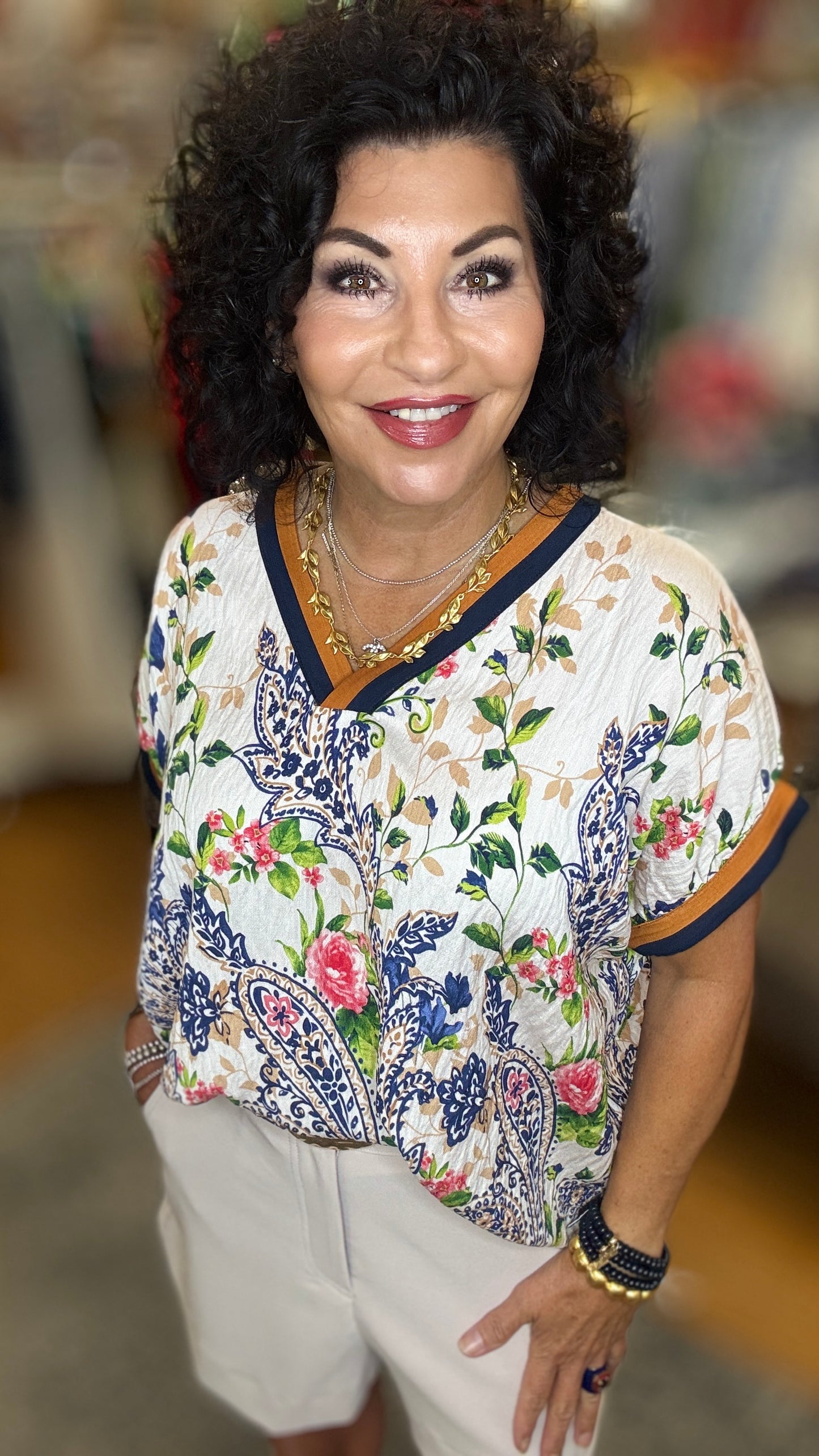 Floral Print Top w/Contrast Trim