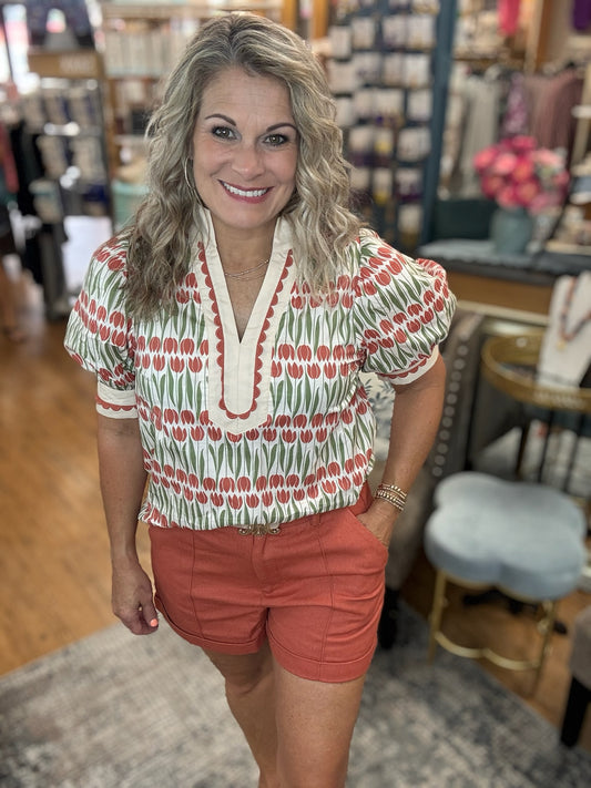 Floral pattern cuff band short puff sleeve caftan-inspired high neck