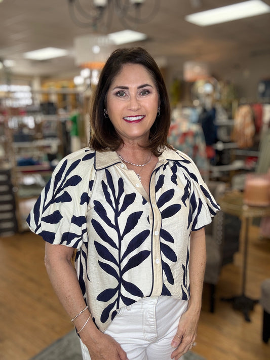 Button down blue trim with puffy sleeves